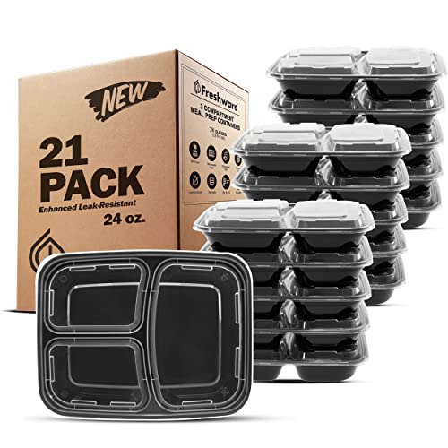 Meal Prep Containers [21 Pack] 3 Compartment with Lids (24OZ-21PK)