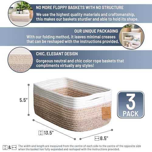 13.5”x8.5”x5.5” Storage Baskets for Shelves 3 Pack (3-Tone Brown / 13.5" x 8.5" x 5.5")