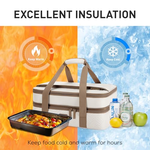 Double Decker Insulated Casserole Carrier for Hot or Cold Food Expandable Thermal Food Carrier for Picnic Cookouts Potluck Parties Fits 9" x 13" Baking Dish (Beige / Double Decker 16.93 x 11.02 x 7.87inch)