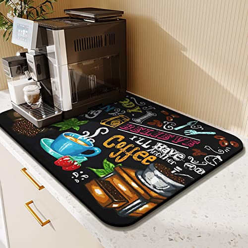 Coffee Bar Mat Accessories for Countertop Absorbent Hide Stain Rubber Backed Dish Drying Mats for Kitchen Counter Draining Pad Decor Gift (Coffee-3 / 16" x 24")
