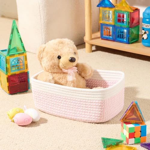 Small Storage Baskets for Organizing (4pcs-L11.5xW7.5xH4.7" / Off White/Pink)