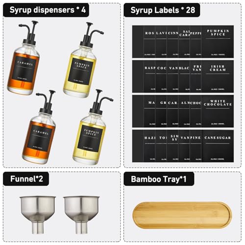 Coffee Syrup Dispenser for Coffee Bar (Black of 4-large Tray / 500ml, Set of 4)