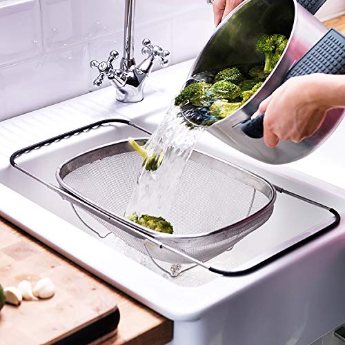 Over The Sink Stainless Steel Oval Colander with Expandable Rubber Grip Handles Strainers