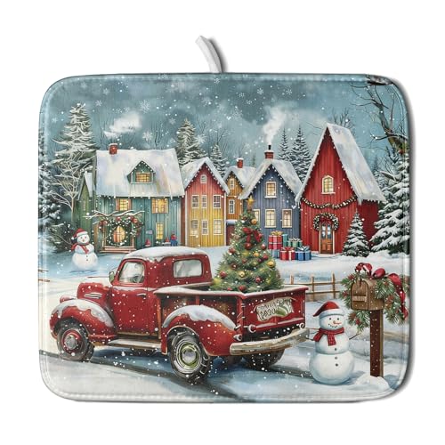 Christmas Dish Drying Mat for Kitchen Counter 18x16 Inch Xmas Red Truck Drying Mat with Absorbent Reversible Microfiber House Snowman Winter Dish Drainer Mats Rack Pad for Coffee Countertop Protector (Red Truck / 18" x 16")