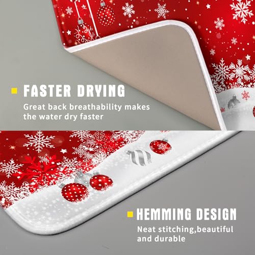 Xmas Balls Dish Drying Mat for Kitchen Countertop Winter Red White Snowflakes Dish Drainer Mats 16x18inch Reversible Dish Drying Rack Pad Protector for Dining Holiday New Year Decor (18" x 16")