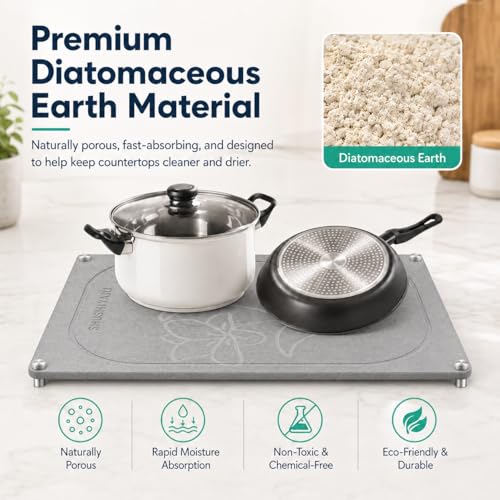 Stone Drying Mat For Kitchen Counter Superb Absorbent Diatomaceous Earth Mats with Non (Floral-MediumGray / 15.7" x 11.8")