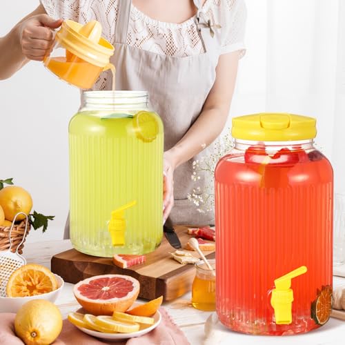 2 Pieces 1 Gallon Plastic Beverage Dispenser with Spigot Striped Clear Large Drink Beverage Dispenser Summer Fridge Water Container with Tap for Party Iced Tea (Yellow)