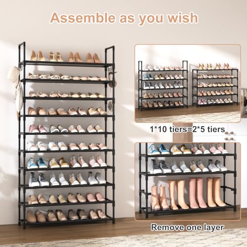 10 Tier Shoe Rack Tall Large Capacity Wide Shoe Organizer with Two Hooks Sturdy Metal Shoe Shelf for Entryway (Black / 32.3" Wide - 10 Tier)