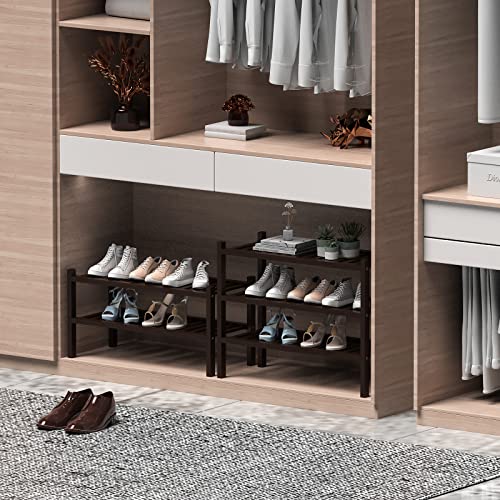 3 Tier (Thick) Bamboo Shoe Rack for Closet Free Standing Wood Shoe Shelf for Entryway Small Space Stackable 27"x12"x21" (Black Brown) (Brown / 3 Tier(Thick))
