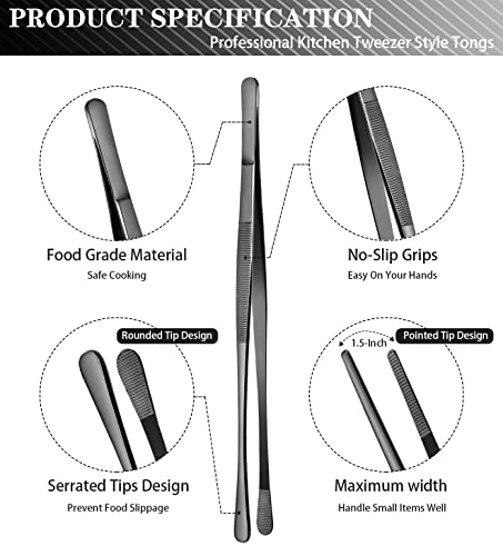 4 Pcs Kitchen Tweezers Professional Stainless Steel Cooking Tweezers Set (10+12inch-4PCS / Black)