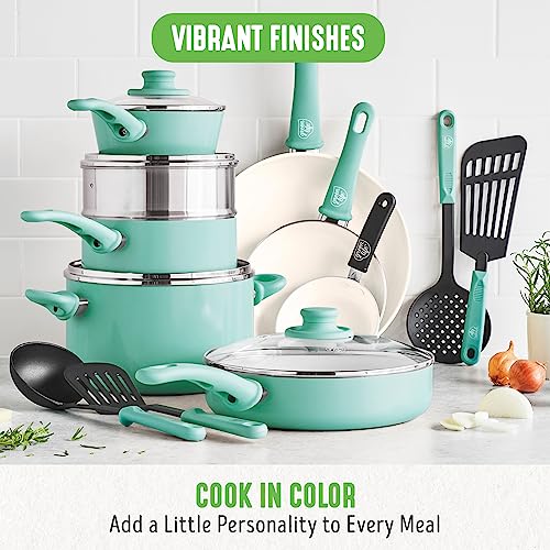 Soft Grip Healthy Ceramic Nonstick (15 Piece Cookware Set / Turquoise)
