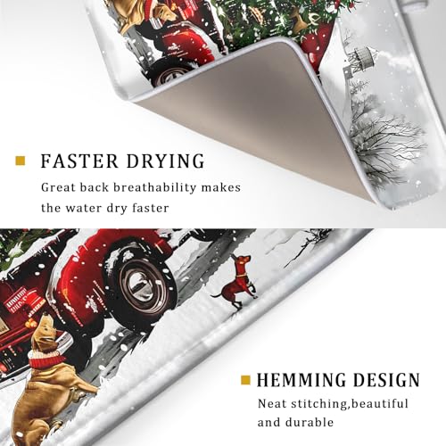 Red Truck Christmas Dish Drying Mat for Kitchen Counter 18x24 Inch Winter Xmas Tree Snowman Dog Print Absorbent Reversible Microfiber Drying Mats Kitchen Countertop Protector Dishes Drainer Rack Pad
