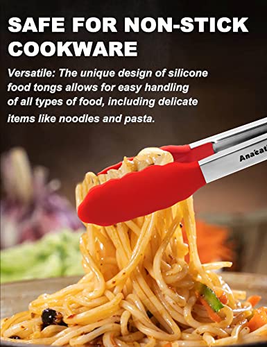 Non Stick Silicone Locking Tong Set of 3 (7+9+12 Inch / 3 Pcs Silicone - Red)