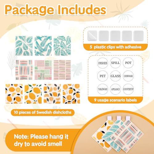 10 Pack Swedish Dishcloths Washable (10 Pack-lemon Prints+ Clips)