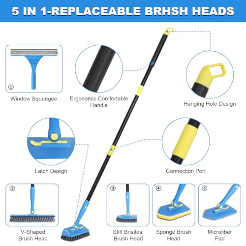 Tile Tub Scrubber Brush with 5 Different Function Cleaning Heads and 51" Extendable Long Handle Non Scratch Shower Scrubber for Cleaning Bathroom Kitchen Toilet Wall Bathtub