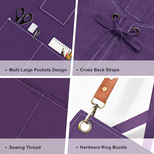 Chef Apron for Men Women Canvas Aprons with 3 Pockets Cross Back Resistant Work Apron for Cooking Grilling Baking BBQ Barber Kitchen (Purple)