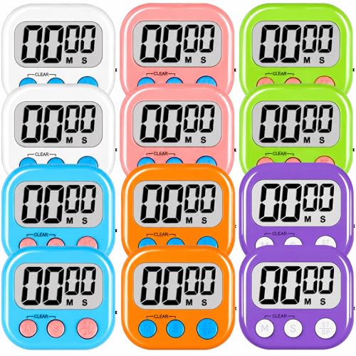 Digital Kitchen Classroom Timers for Kids Cooking 12pcs MulticolorA (White & Black & Pink & Green & Orange & Purple)