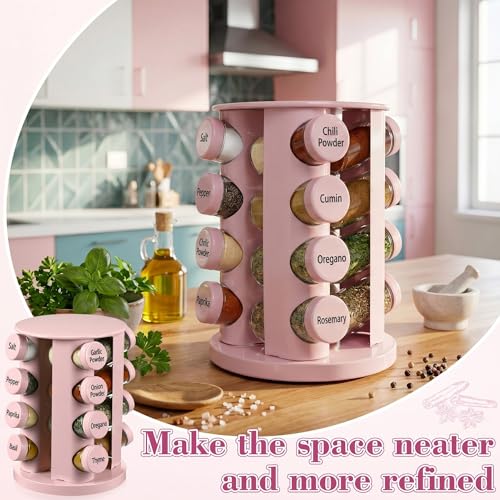 Pink Rotating Spice Rack with 16 Empty Jars and Labels (Pink)