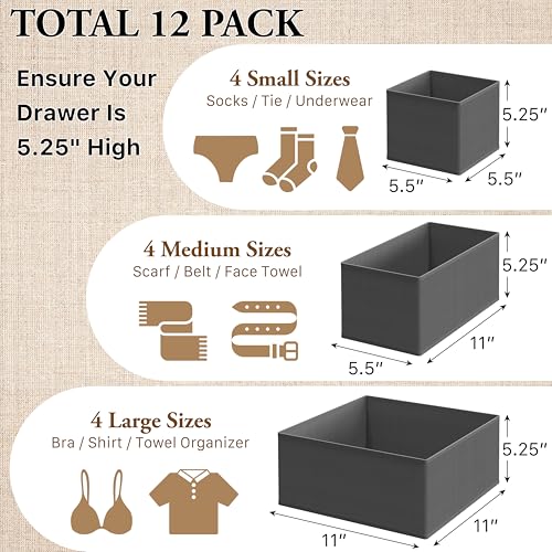 Foldable Drawer Organizer Bin (set of 12 / Dark Gray)