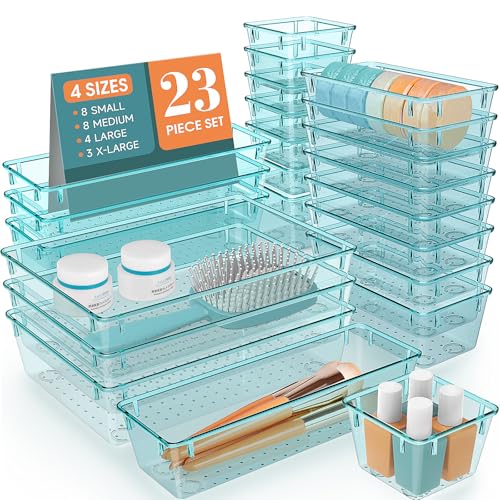28 PCS Clear Plastic Drawer Organizers Set (Sea Blue / 28 PCS)