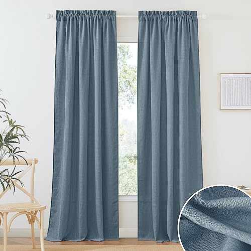 Linen Semi Sheer Curtains for Bedroom Living Room 84 inches Long (Stone Blue / 52"W x 84"L (Pack of 2))