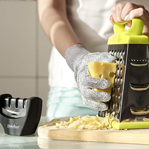 4-in-1 Kitchen Knife Accessories: 3-Stage Knife Sharpener Helps Repair, Restore, Polish Blades and Cut-Resistant Glove (Black) (Black)