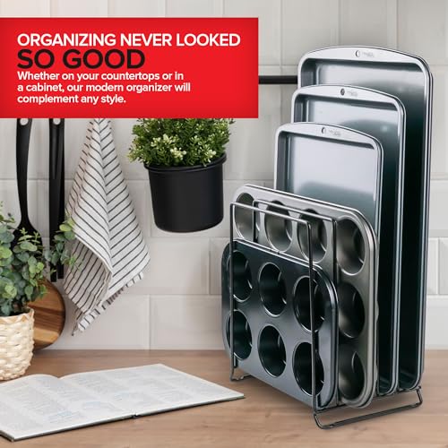 Black (2 Pack) Extra Tall Steel Baking Pan Organizer Rack for Cabinet Storage or Kitchen Counter, Cookie Baking Sheet Organizer with Dividers, Muffin Tin and Cutting Board Holder (Black)