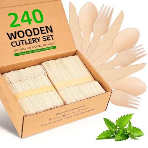 Disposable Wooden Utensils Set (120 Forks, 60 Spoons, 60 Knives)