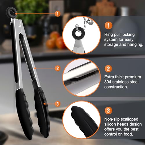 2 Pack Black Premium Stainless Steel Heat Resistant Kitchen Tongs for cooking (9''+12'' / Black)