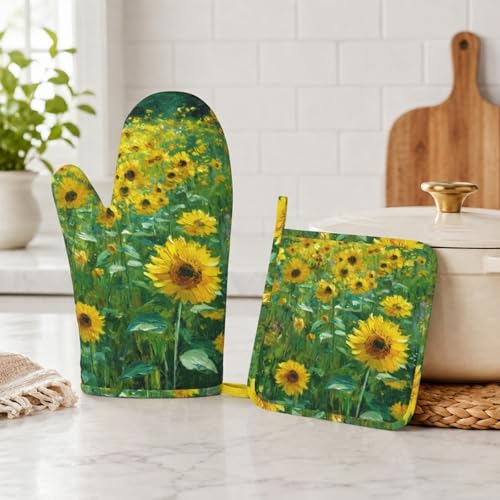 Vintage Sunflower Oven Mitts and Pot Holders Sets Flower Oil Painting Silicone Heat Resistant Kitchen Oven Gloves Pot Holder for Cooking Baking Grilling BBQ (Vintage Sunflower)