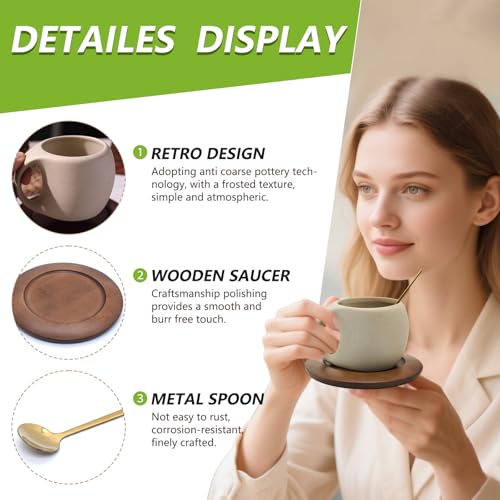 Ceramic Coffee Mug with Natural Wood Saucer & Spoon