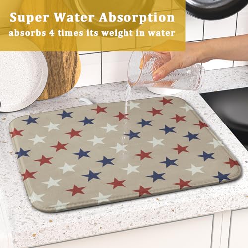 Patriotic July of 4th Blue Red White Star Dish Drying Mat for Kitchen Counter 16x18 Independence Day Absorbent Reversible Microfiber Drying Mats Kitchen Countertop Protector Dishes Drainer Rack Pad (16" x 18")