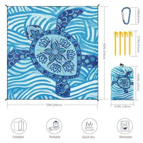 Beach Blanket Mat Waterproof Sandproof for 2 (Blue Sea Turtle - Line Base / 79" X 83"（1-4person）)
