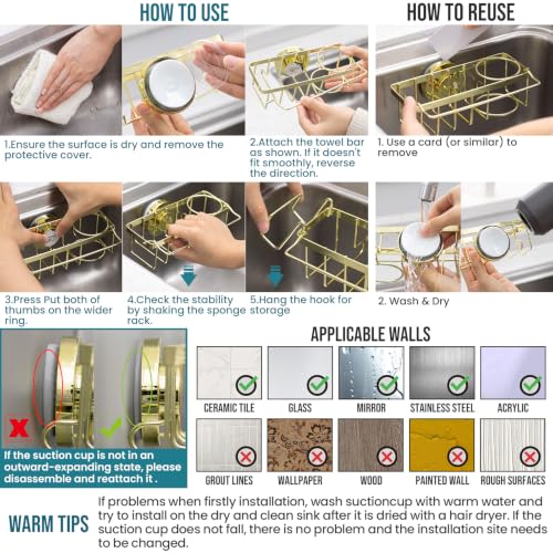4-in-1 Sponge Holder for Kitchen Sink with Strong Suction Cup-Gold (7.28" x 2.36" / Gold)