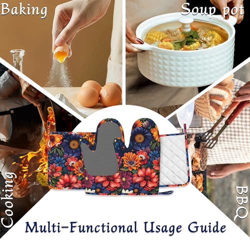 Colourful Flowers Potholders & Oven Mitts Sets Spring Floral Silicone Heat Resistant Oven Mits and Hot Pads Non (Colourful Flowers,spring Floral)