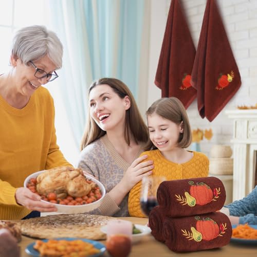 3 Pcs Fall Hand Towels for Bathroom 13.8 x 29.5 Inch Autumn Decorative Bath Towels Sets 100% Cotton Embroidered Pumpkin Maple Thanksgiving Bathroom Decor (Red Brown / Pumpkin)