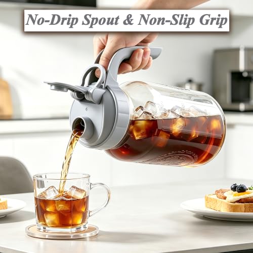 Cold Brew Coffee Maker 64oz Mason Jar Pitcher with Stainless Steel Filter (Grey-64OZ / 64 Ounces)