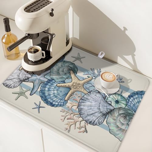 Nautical Coastal Dish Drying Mat for Kitchen Counter Summer Beach Seashell Starfish Microfiber Dish Drainer Mat Ocean Blue Pattern Absorbent Washable Drying Pad Extra Large 18"x24" (Summer Seashell / 24" x 18")