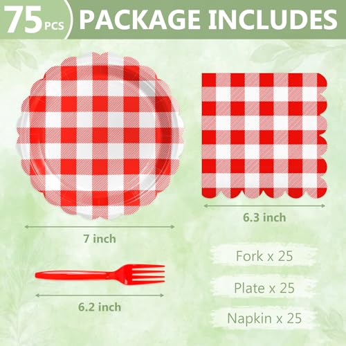 75 Red Gingham Paper Plates and Napkins Disposable for Picnic (Red Gingham 75 Plates Set / 7-inch Set)