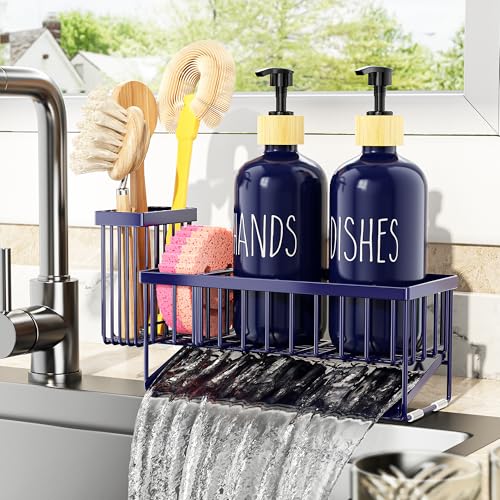 Kitchen Dish Soap Dispenser Set with 2 Pack 16.9oz Amber Glass Bottle and Sponge Holder (Navy Blue Set)