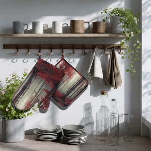 Forest Oven Mitts and Pot Holders Sets Red Trees Landscape Silicone Heat Resistant Kitchen Oven Gloves Pot Holder for Cooking Baking Grilling BBQ (Forest)
