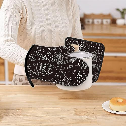 Skull Head with Rose Oven Mitts and Pot Holders Kitchen Cooking Gloves 2 Pcs Set Heat Resistant Pad for Baking BBQ Home Decor (Skull Head With Rose)