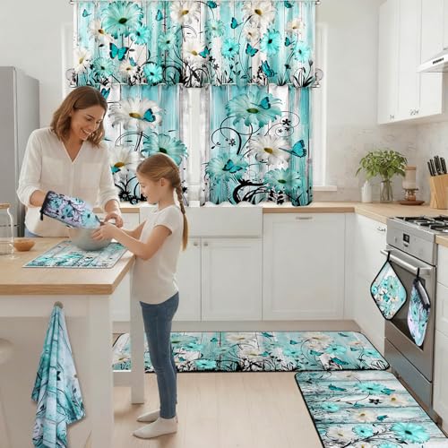 13 Pcs Farmhouse Teal Daisy Kitchen Decor Set 3 Turquoise Kitchen Curtains Valance 2 Rugs and Mats 4 Hand Towels 2 Pot Holders 2 Oven Mitts for Home Decor Cooking Grilling Housewarming Gift (Teal Daisy)