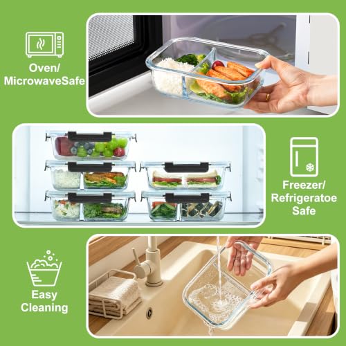Glass Meal Prep Containers with Dividers (36OZ)