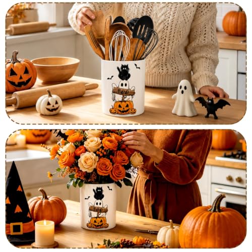 Halloween Utensil Holder Ghost Pumpkin Black Cat Ceramic Kitchen Crock Kitchen Decor for Trick or Treat Cooking Tools Organizer Storage Container Spoon Forks Countertop Supplies (Halloween)
