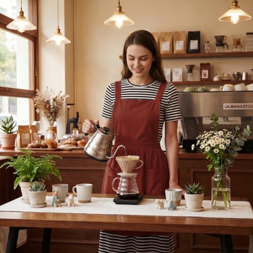 Linen Cotton Pinafore Apron Dress for Women with Pockets (Brick Red)