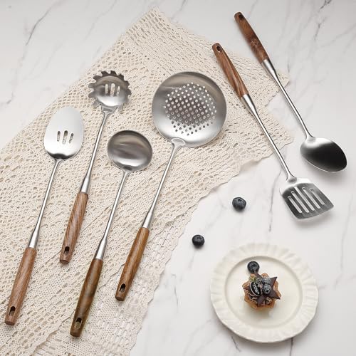 6 Pcs Cooking Utensils Set 304 Stainlss Steel Kitchen Utensils Set Heat Resistant Wooden Handle Kitchen Tools Metal Kitchen Utensil Soup Ladle Set (Wooden Handle-6 Pcs)