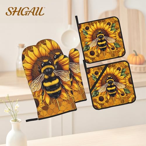 Sunflower Bee Oven Mitts and Heat Resistant Pads (Sunflower Bee)