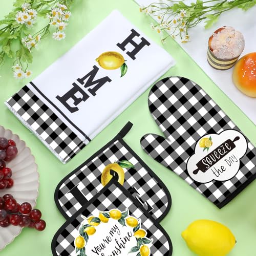 5 Pcs Buffalo Plaid Kitchen Towels Oven Mitts and Pot Holder Set (Lemon)