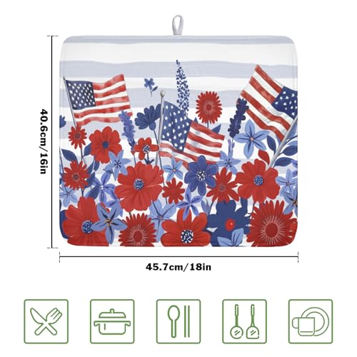 Patriotic Floral Dish Drying Mat for Kitchen Counter 4th of July American Flag Microfiber Dish Drainer Mat Red and Blue Flower Absorbent Washable Drying Pad 16"x18" (Patriotic Floral Flag / 18" x 16")